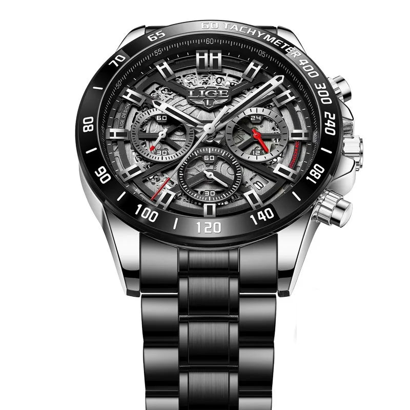 Montre chronographe homme cadran noir, lunette tachymètre, bracelet maillon noir et boîtier argent