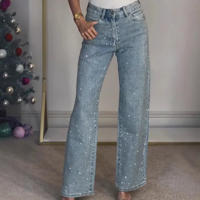 jeans droit délavé taille haute pour soirée festive