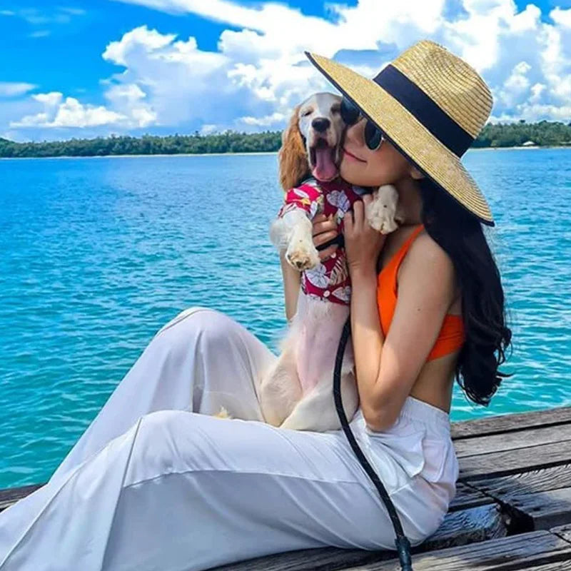 Chapeau fedora en paille beige, ruban bleu foncé, porté avec un chien au bord de l’eau