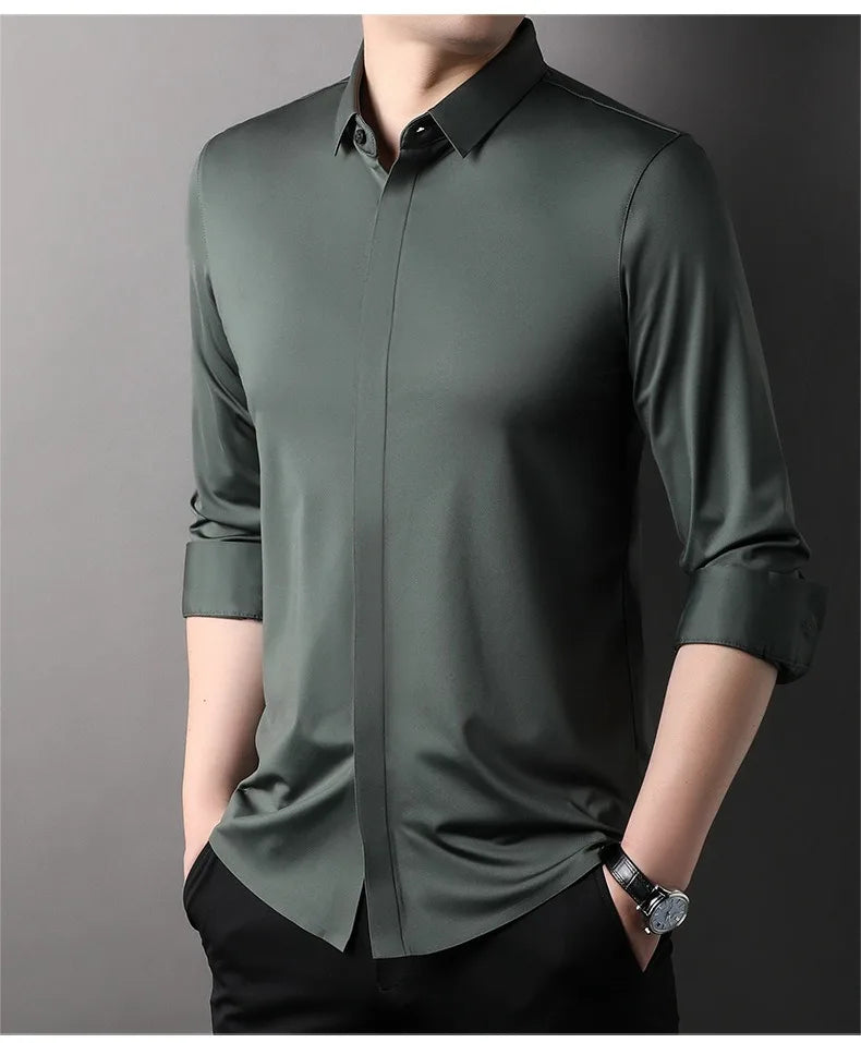 chemise hommes décontracté en soie polyester slim