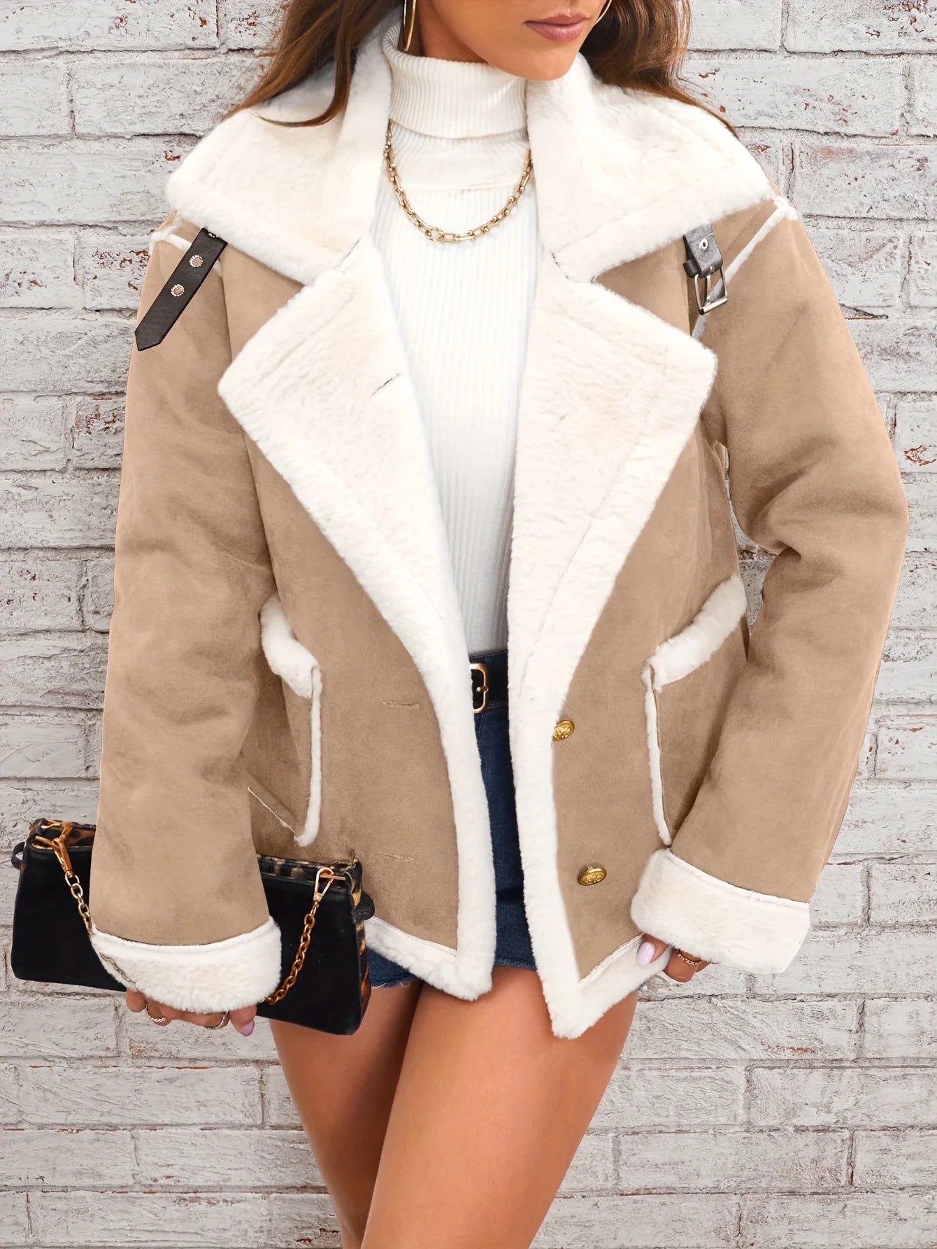 Manteau d’hiver oversize beige avec col et bordures blanches en fausse fourrure
