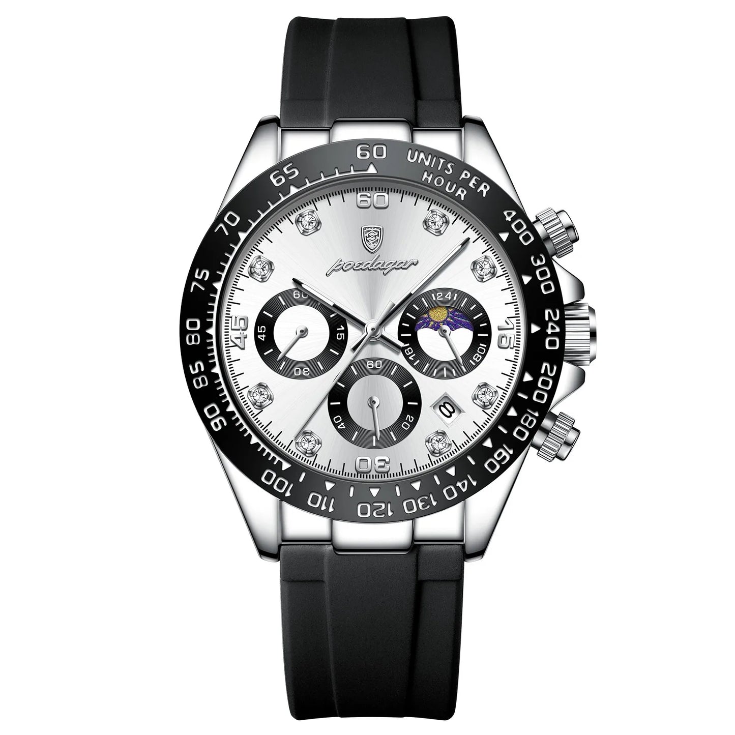 Montre chronographe boîtier argenté, cadran blanc et bracelet noir en silicone.