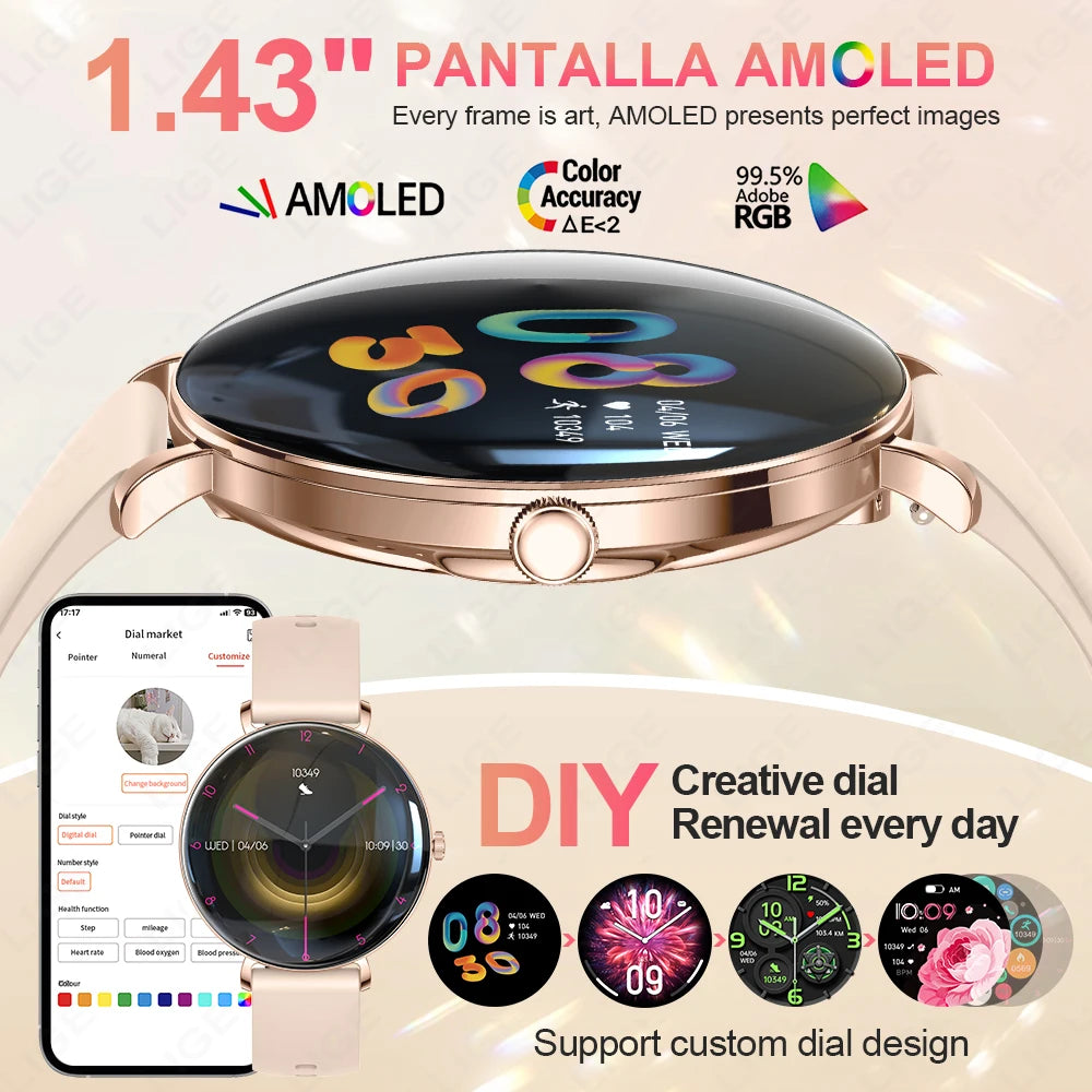 LIGE nouvelle montre intelligente femmes 1.43 "AMOLED ecran HD