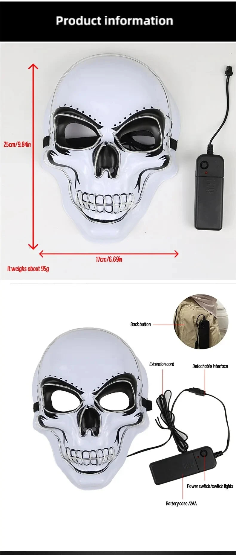 masque crâne d'halloween adultes équipé de LED couleurs aux choix