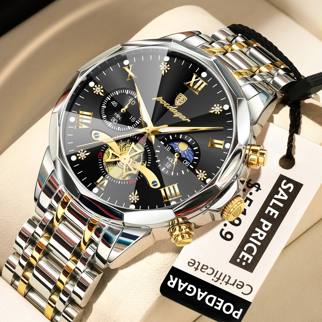 Montre homme chronographe à cadran noir, boîtier doré, bracelet à maillons dorés
