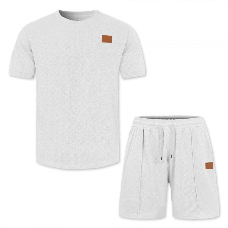 Ensemble t-shirt jacquard et short homme blanc, vue à plat
