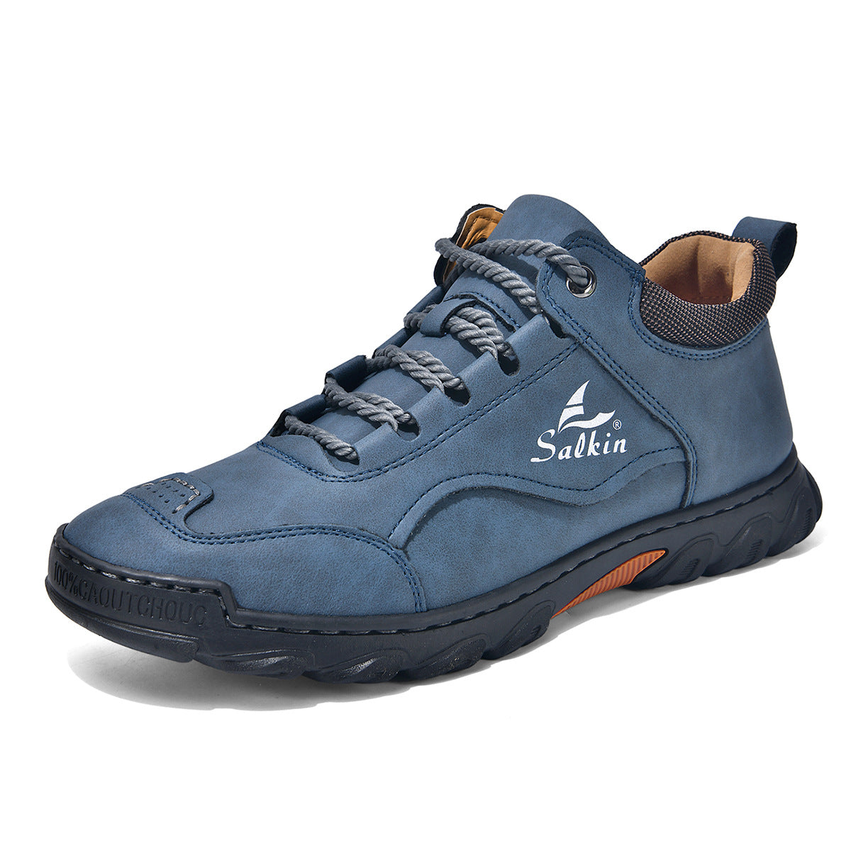 Chaussures plates à lacets bout rond bleues, semelle noire épaisse, logo Saikin sur le côté