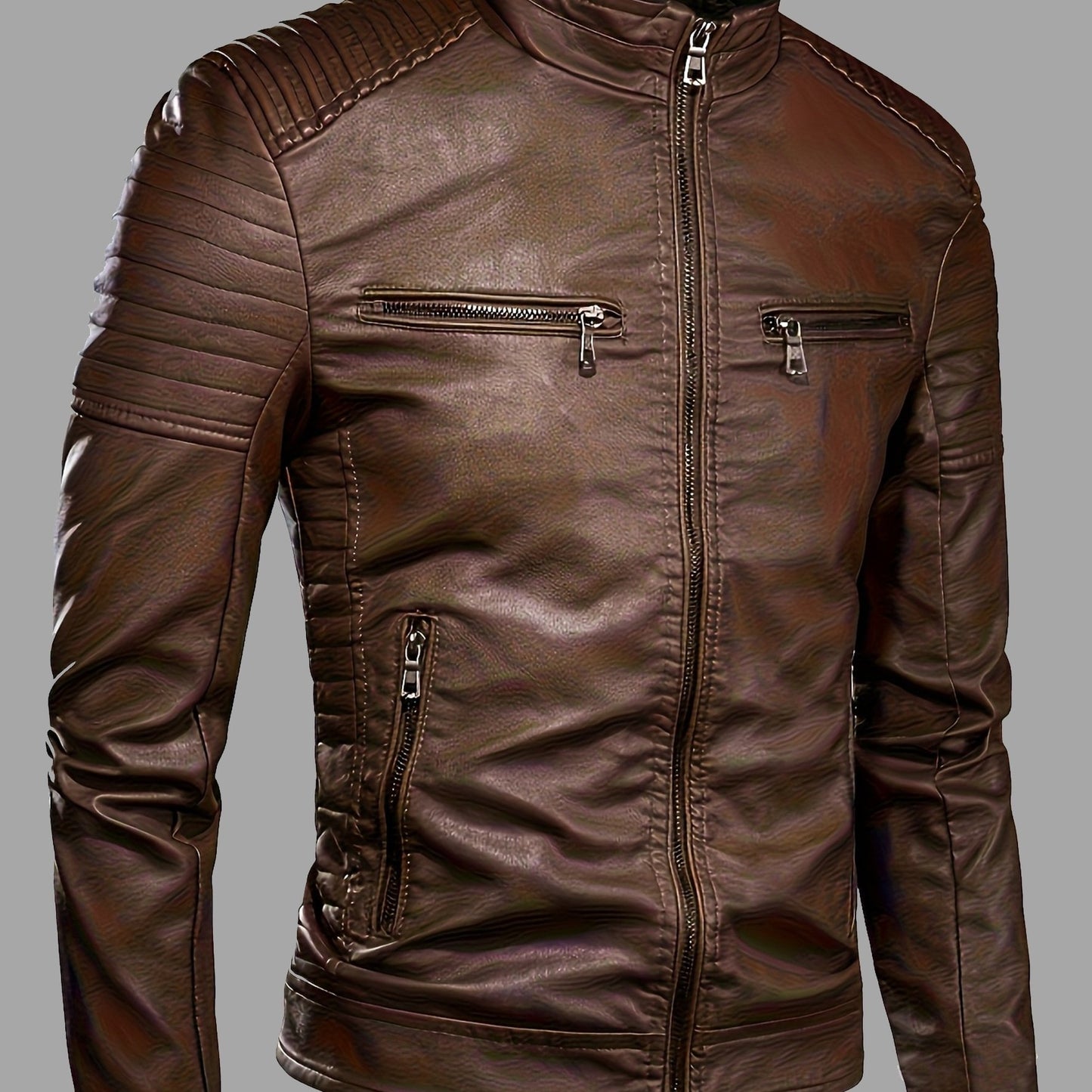 Veste biker en cuir marron, col montant, zip devant et poches zippées