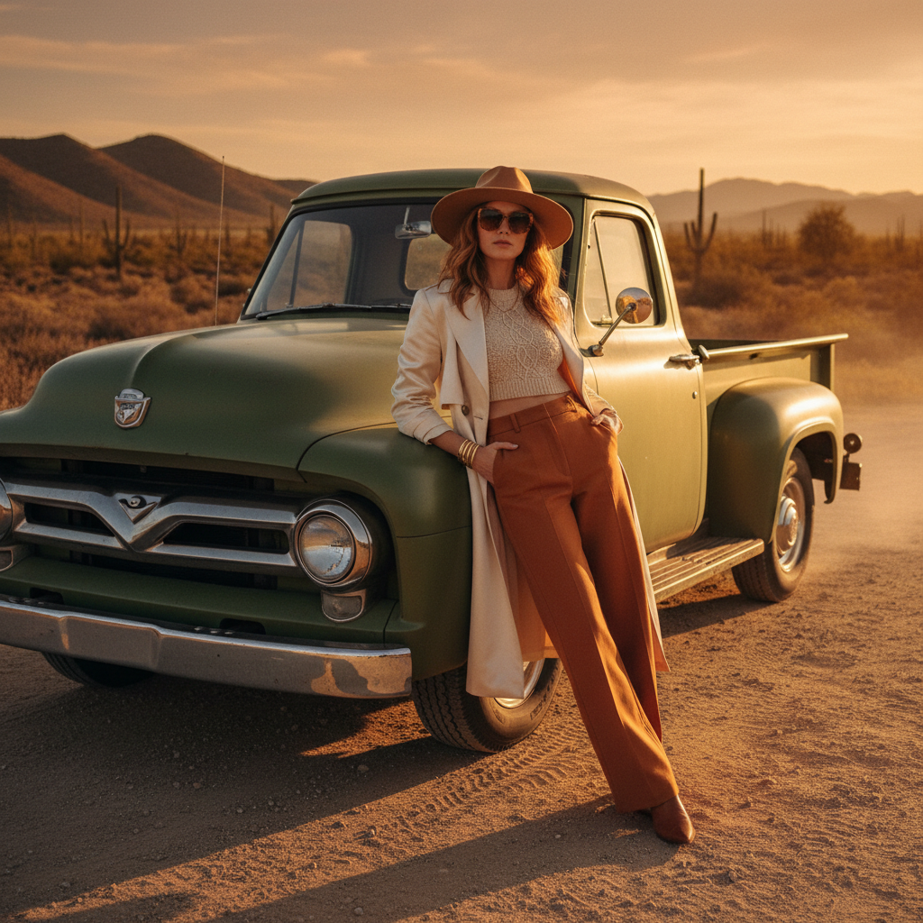 Femme élégante appuyée contre vieux pick-up américain coucher de soleil