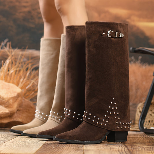 Bottines Cowboy Femme Talon Bloc - Boots Western Élégantes Beige/Marron