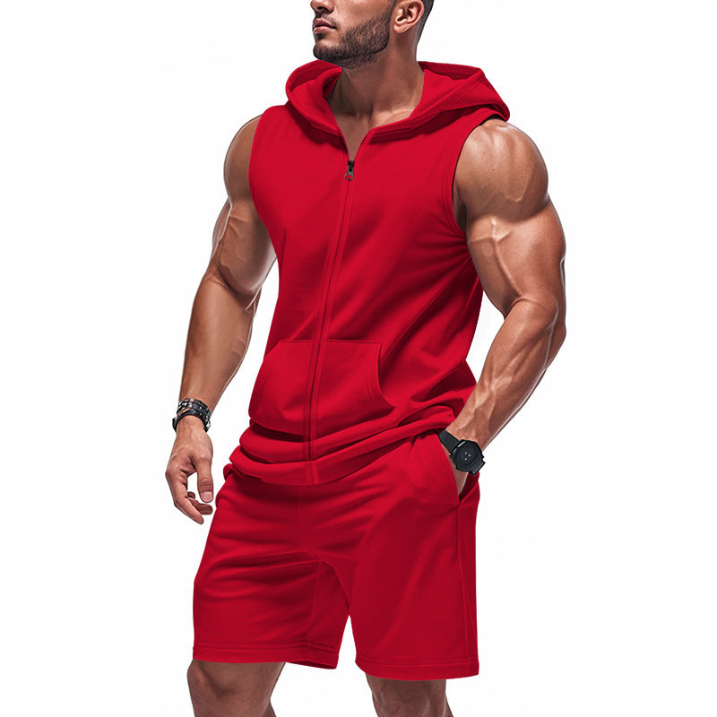 Ensemble débardeur à capuche zippé rouge vif et short assorti, homme