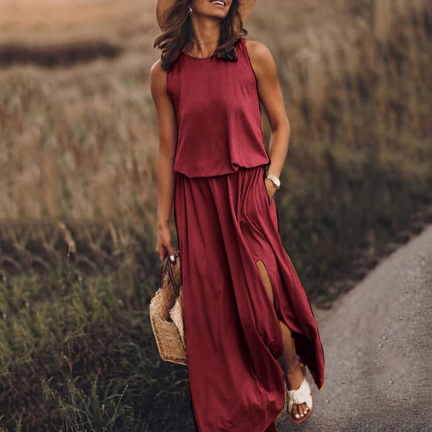 Robe longue sans manches à col rond, bordeaux, fente latérale et poches