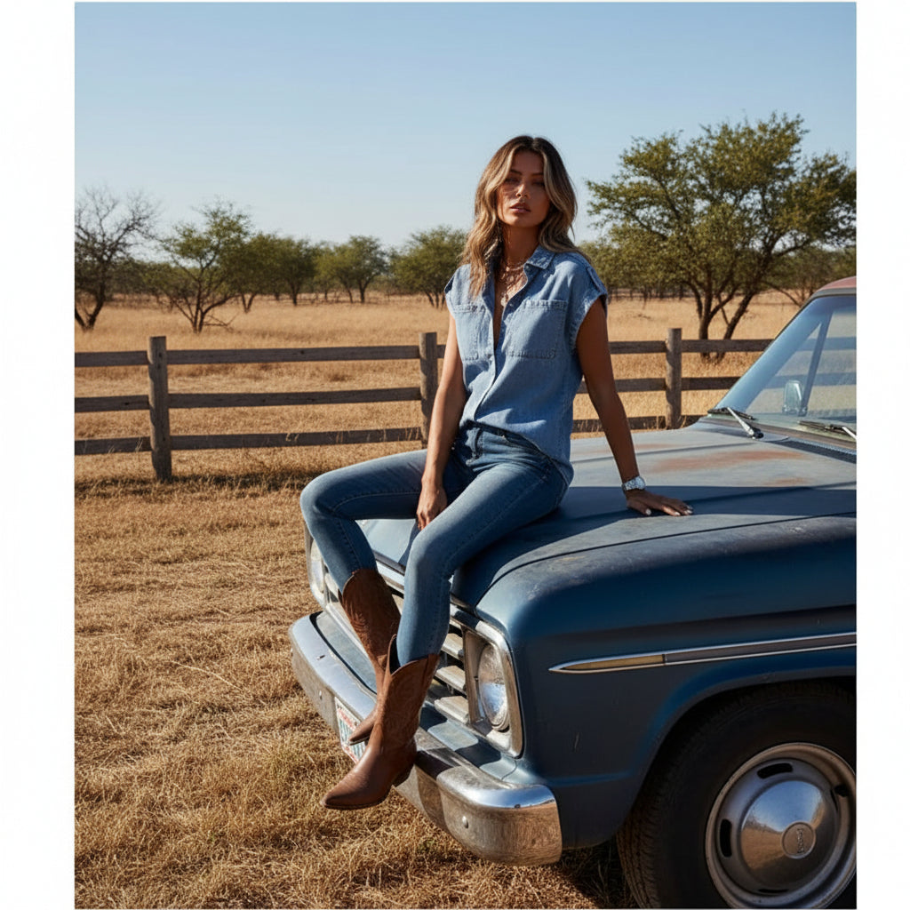 Chemise en jean bleu clair sans manches, boutonnage devant et col, portée