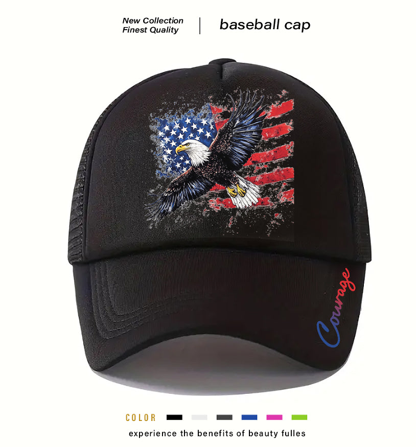 Casquette noire en mesh avec motif aigle et étoiles, logo Courage sur le côté