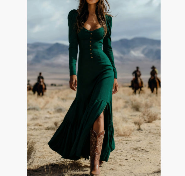 Robe longue vert foncé manches longues, boutonnage devant, ourlet évasé