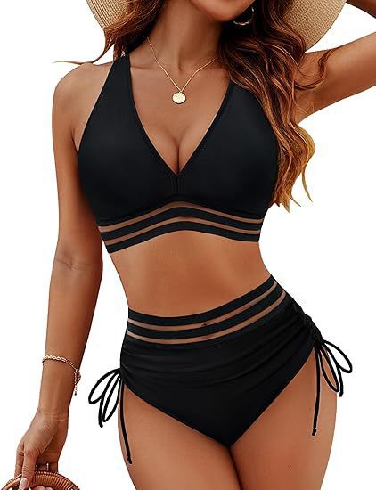 Maillot de bain deux pièces taille haute noir, triangle plongeant et empiècements rayés