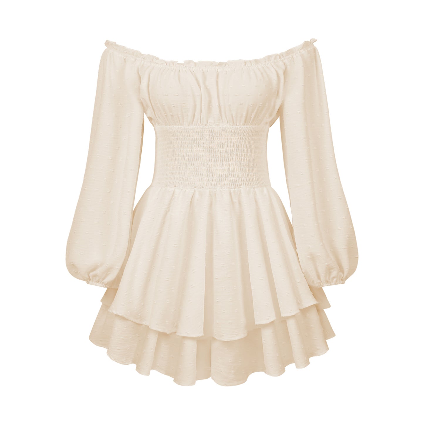 Robe courte écru épaules dénudées, manches longues bouffantes, jupe à volants évasée.