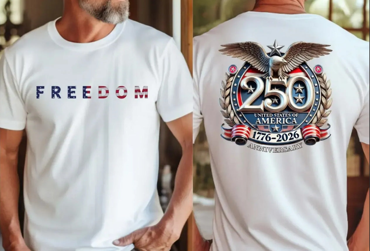 T-shirt blanc homme : « FREEDOM » devant et grande image « 250 » au dos