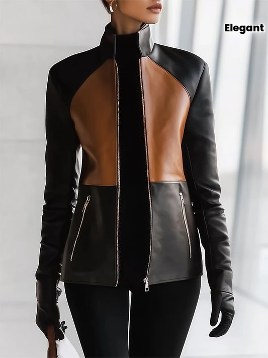 Manteau Femme Cuir PU Bicolore Élégant - Fermeture Éclair Classique Automne Hiver Premium