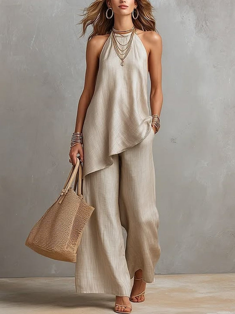 Ensemble femme : gilet sans manches et pantalon long ample, coloris crème