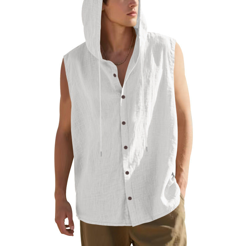 Gilet chemise sans manches à capuche blanc, boutonnage devant et cordons au col.