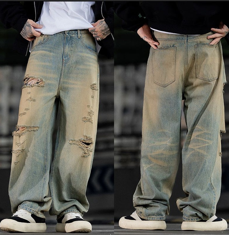 Pantalon slim stretch homme en jean délavé, vue de face et dos avec poches et déchirures