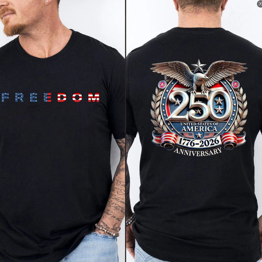 T-shirt noir homme avec « FREEDOM » devant et grand aigle « 250 » au dos