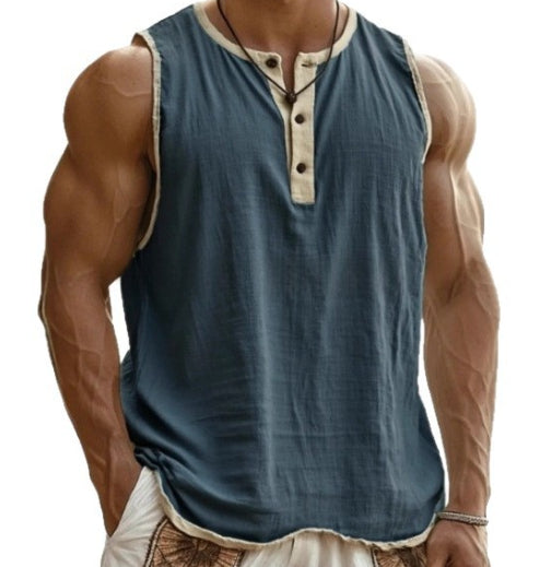 Débardeur homme coton bleu sans manches, encolure boutonnée, col contrasté beige