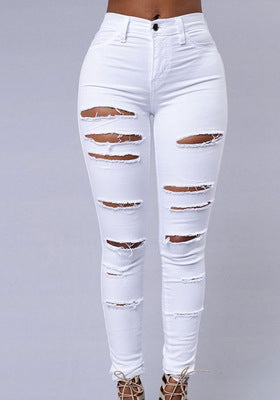 Jean skinny taille haute blanc avec larges déchirures sur l’avant