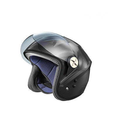 Casque moto noir avec visière, intérieur doublé bleu, coque ABS.