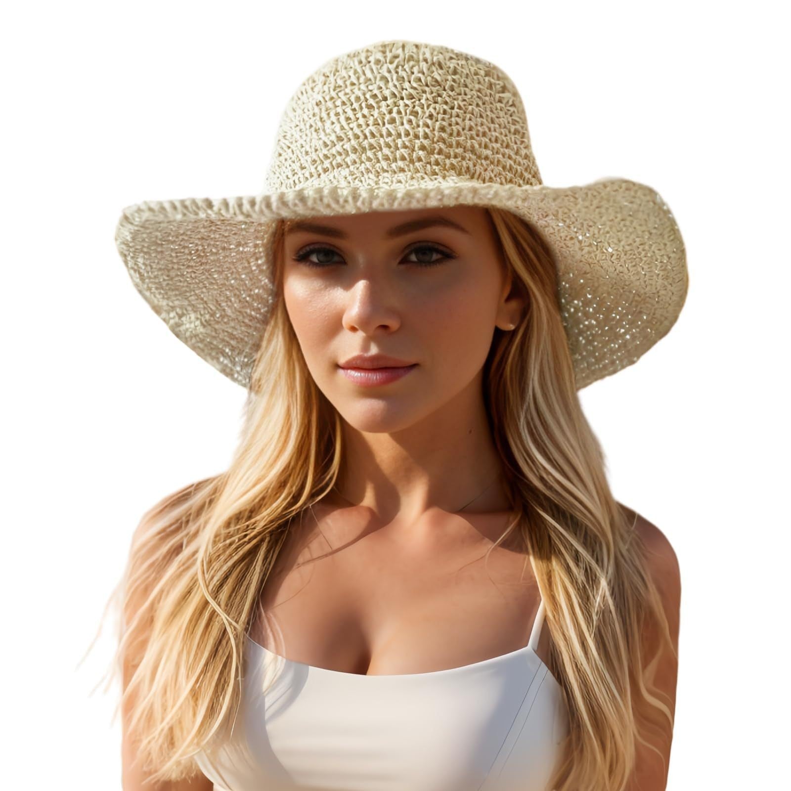 Chapeau de plage tressé très clair, large bord, style capeline