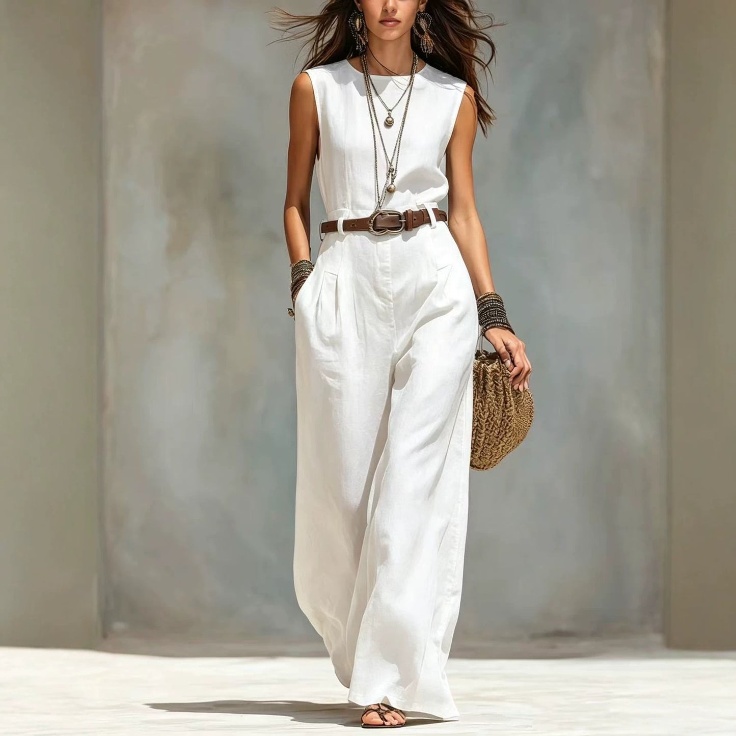 Combinaison femme sans manches blanche, épaules dénudées, jambes larges, ceinture