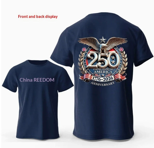 T-shirt homme bleu nuit avec impression 3D aigle et motif 250e anniversaire 1776-2026