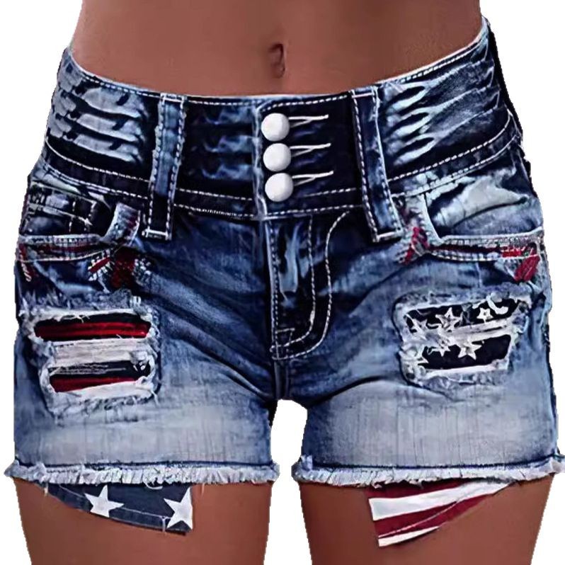 Short en jean bleu taille haute slim, boutons devant et poches, patch étoiles et rayures