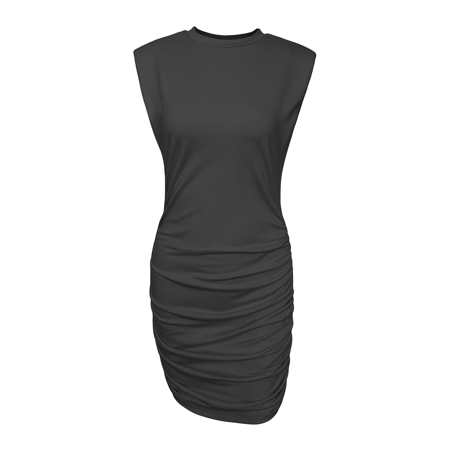 Robe moulante sans manches noire, encolure ronde, drapés sur le bas