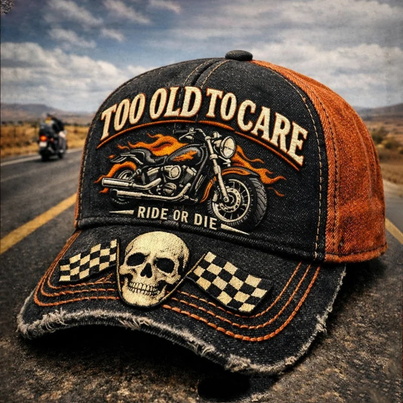 Casquette de baseball unisexe noire et orange, broderie 3D lettres, crâne et moto.