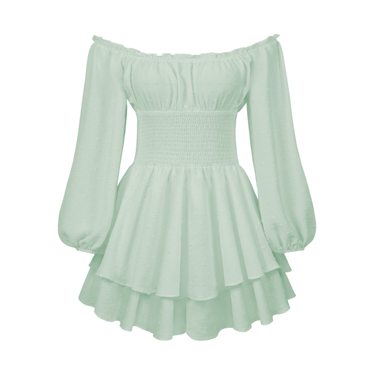 Robe courte vert clair épaules dénudées, manches longues bouffantes, jupe à volants évasée.