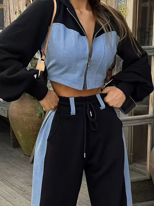 Ensemble Femme Automne-Hiver Color-Block - Sweat à Capuche & Pantalon Taille Élastique