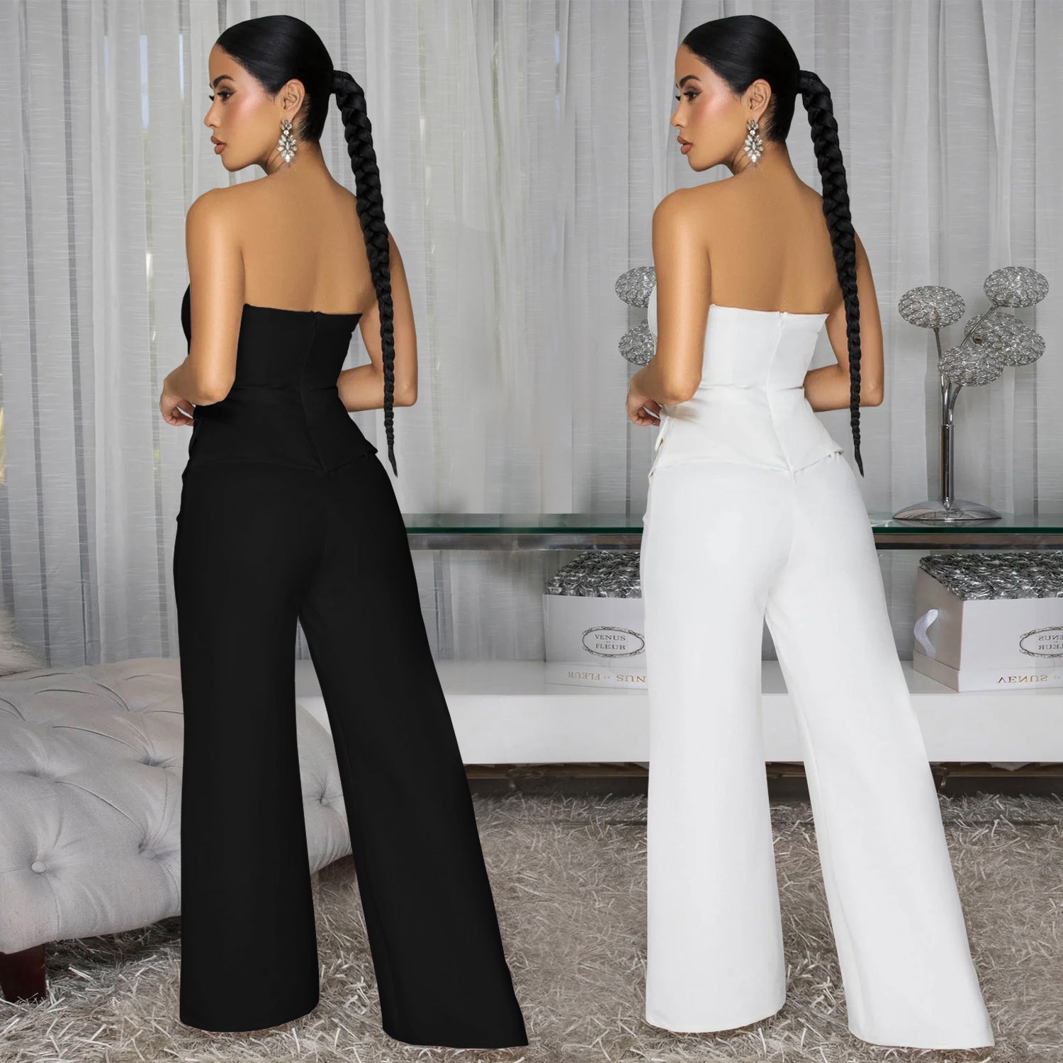 Combinaison bustier dos nu à jambes larges, vue de côté/dos, boutons décoratifs, noire et blanche.