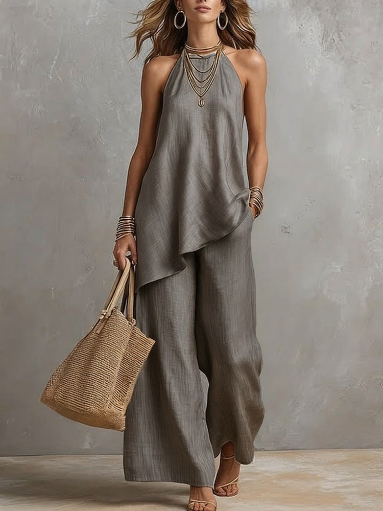 Ensemble femme : gilet sans manches et pantalon long ample, gris