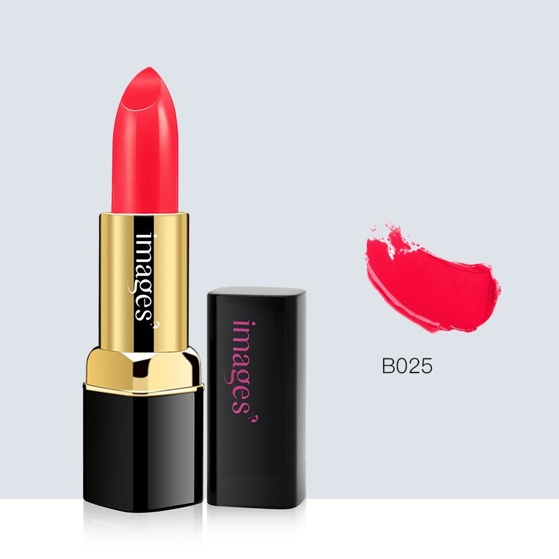 Rouge à lèvres en tube noir et doré, teinte rouge vif, avec empreinte rouge B025