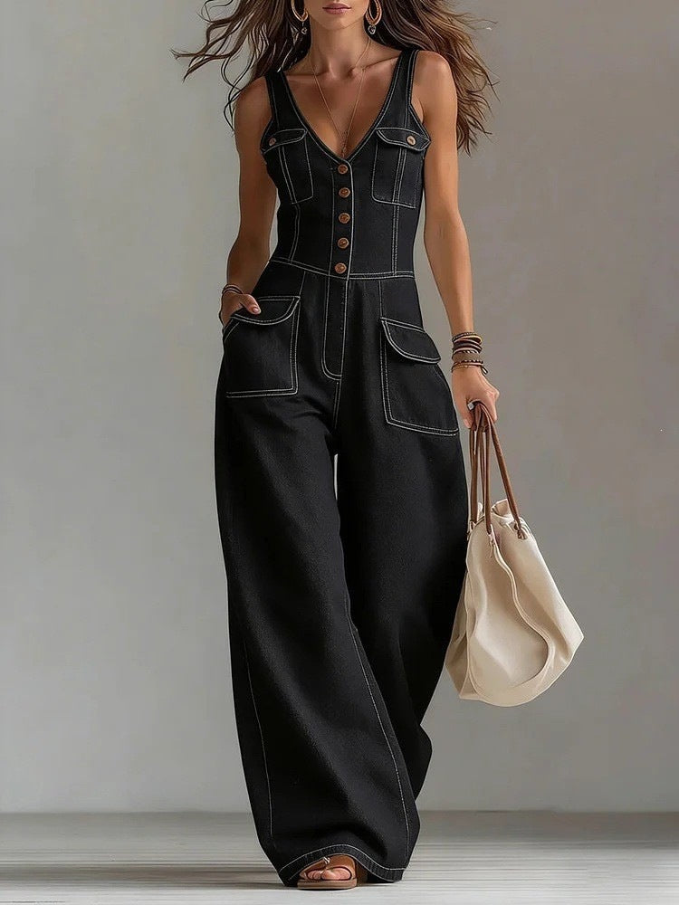 Combinaison en jean noire, sans manches, col V, poches et boutons