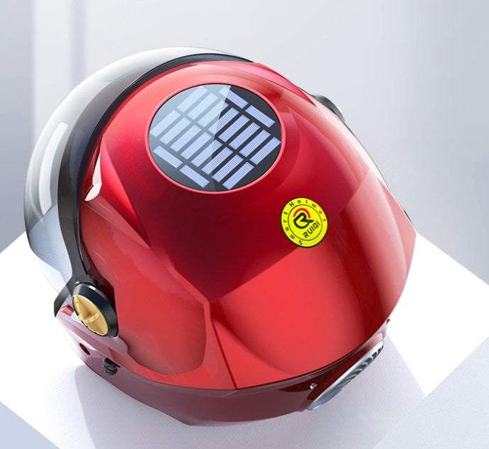 Casque moto rouge avec panneau solaire sur le dessus, visière relevable, ABS.