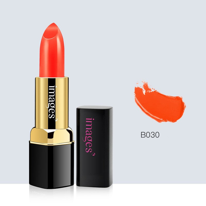 Rouge à lèvres en tube noir et doré, teinte orange-rouge, empreinte B030