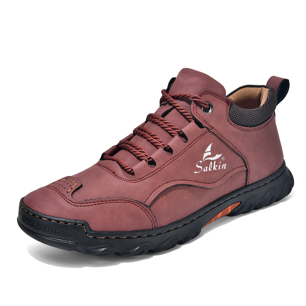 Chaussures plates à lacets bout rond bordeaux, semelle noire épaisse, coutures visibles