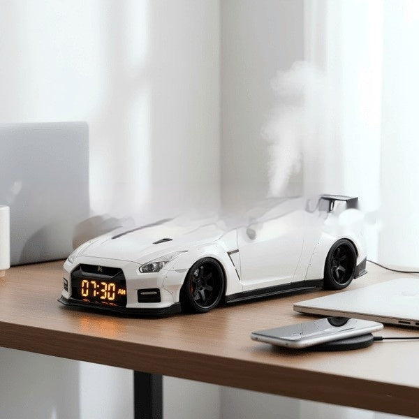 Réveil voiture supercar blanche: écran, fumée du capot et pare-chocs avant