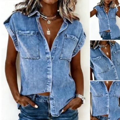 Chemise en jean bleu clair sans manches, col boutonné, poches plaquées