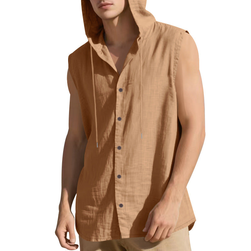 Gilet chemise sans manches à capuche beige, boutonnage devant et cordons au col.