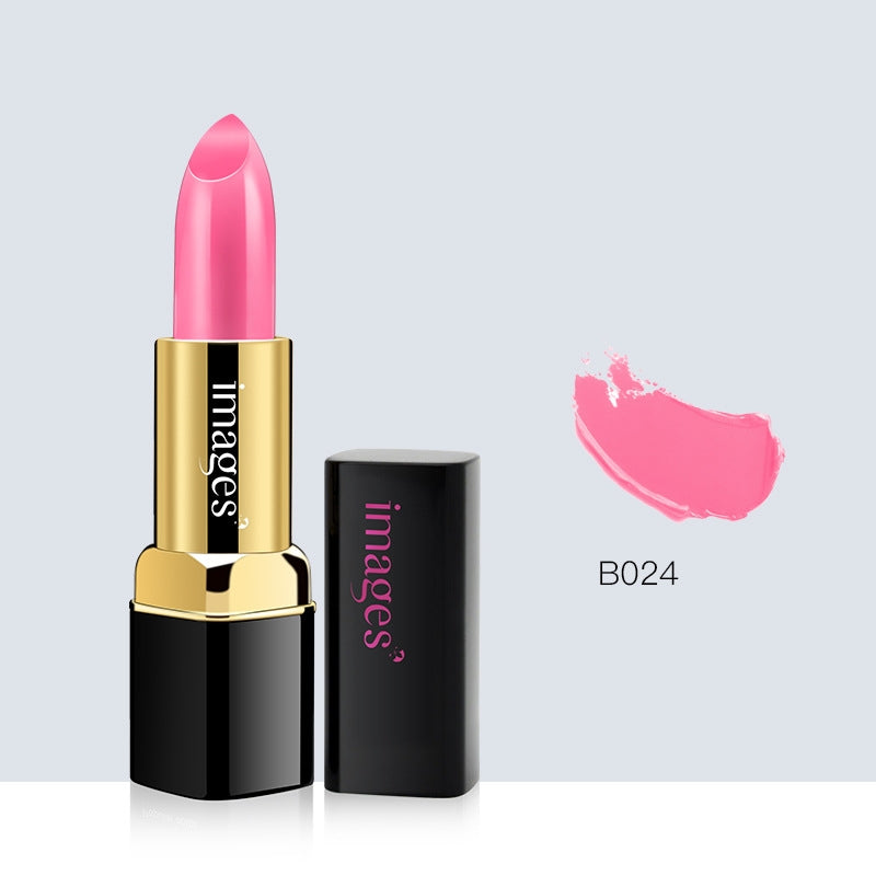 Rouge à lèvres en tube noir et doré, teinte rose, avec empreinte B024