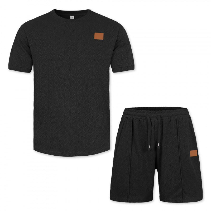 Ensemble t-shirt jacquard et short homme noir, vue à plat